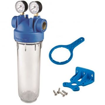 Фильтр-колба Atlas Filtri DP MONO TS (прозрачная) Ø3/4" OT (латунь) 10" 45°C 8 bar + 2 манометра KIT (ZA1380431)