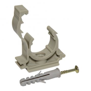 Кліпса одинарна PP з клямкою Ø63 (бежева) з забивним шурупом Capricorn S.A. (9-9741-063-00-01-04)