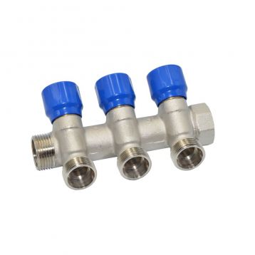 Carlo Poletti Угловой коллектор Ø3/4" x 3 выхода x 24-19 (синие ручки) никель (C323N01QB)