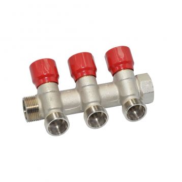 Carlo Poletti Угловой коллектор Ø3/4" x 3 выхода x 24-19 (красные ручки) никель (C323N01QR)