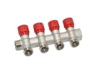 Carlo Poletti Угловой коллектор Ø3/4" x 4 выхода x 24-19 (красные ручки) никель (C324N01QR)