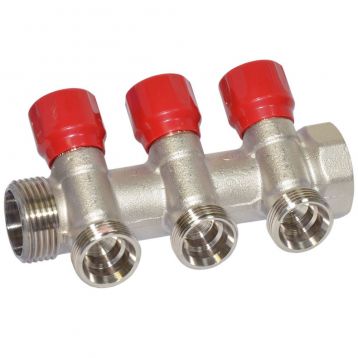 Carlo Poletti Угловой коллектор Ø1" x 3 выхода x 3/4" EK (красные ручки) никель (C323N12QR)