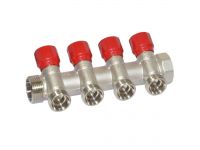 Carlo Poletti Угловой коллектор Ø1" x 4 выхода x 3/4" EK (красные ручки) никель (C324N12QR)