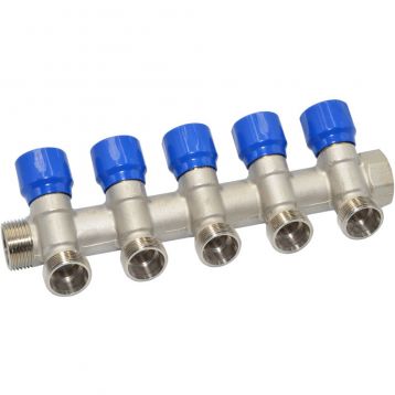 Carlo Poletti Угловой коллектор Ø3/4" x 5 выходов x 24-19 (синие ручки) никель (C325N01QB)