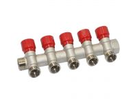 Carlo Poletti Угловой коллектор Ø3/4" x 5 выходов x 24-19 (красные ручки) никель (C325N01QR)