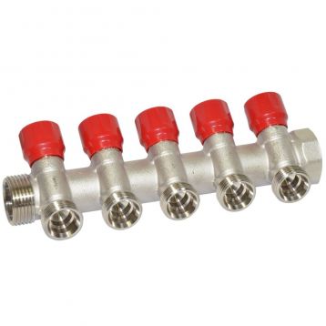 Carlo Poletti Колектор кутовий Ø1" x 5 виходів x 3/4" EK (червоні ручки) нікель (C325N12QR)